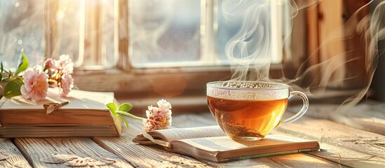 Aufkleber - Vintage themed scene of a tea filled glass cup with steam beside a book and flower on a wooden table illuminated by morning sunlight from a window with a soft and warm color palette Incorporates copy