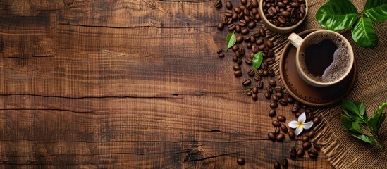 Poster - Side view of a coffee cup and beans on a wooden backdrop with copy space image
