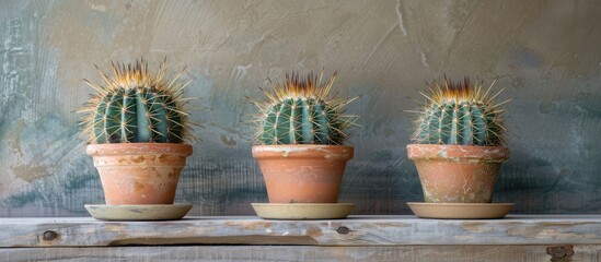 Poster - Three Echinocereus rigidissimus cacti are displayed in a pot on a shelf against a plain background in the copy space image