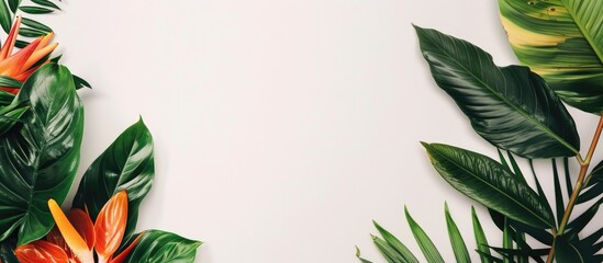 Aufkleber - Minimal summer arrangement featuring colorful tropical leaves on a white backdrop enhancing an exotic concept with ample copy space image for a border layout