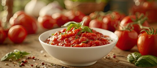Poster - A white bowl filled with delicious fresh tomato sauce surrounded by tomatoes is displayed in the scene providing ample copy space image