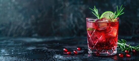 Poster - A red cocktail drink with lime ice cubes and rosemary in a glass set against a dark background with a rosemary garnish suitable for copy space image