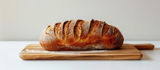 Poster - A loaf of bread displayed on a cutting board with a plain white background suitable for a copy space image