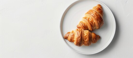 Poster - French croissant on a plate with copy space image against white backdrop