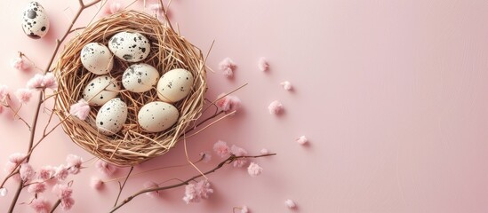 Poster - Easter greeting card with white basket of quail eggs and dry grass branch on pink background featuring copy space image for a religious themed pastel colored spring design