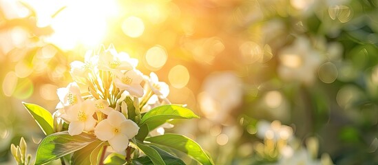 Canvas Print - Selective focus on a blooming jasmine bush under a bright summer sun with a clear sky Ideal for copy space images