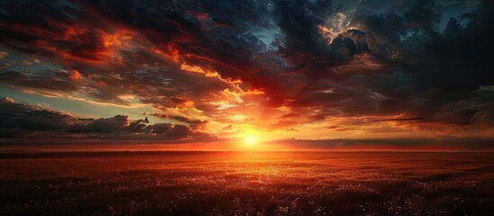 Aufkleber - Scenic countryside landscape at sunset or sunrise with a bright dramatic sky above a dark ground featuring a sun over the skyline and horizon perfect for copy space images