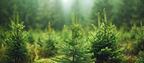 Aufkleber - Forest with copy space image featuring young fir trees focused in the background