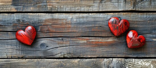 Aufkleber - A wooden background hosts two red hearts for Valentine s Day providing a copy space image