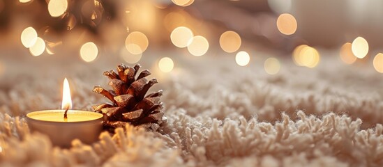 Canvas Print - Holiday decorations with a shiny pine cone and a candle on a fluffy carpet against a backdrop of bokeh lights creating a warm festive atmosphere with room for a copy space image