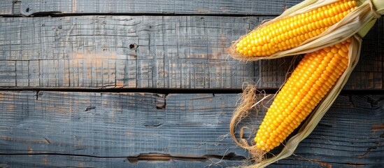 Aufkleber - Top view of a fresh sweet corn cob in its natural husk on a wooden surface with empty space for adding images. Creative banner. Copyspace image
