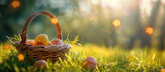 Poster - Sunny day setting with a basket of Easter eggs on green grass perfect for a themed copy space image