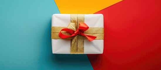 Poster - A holiday gift beautifully wrapped in white paper with a gold ribbon on a colorful background The present is displayed with copy space in a top down view