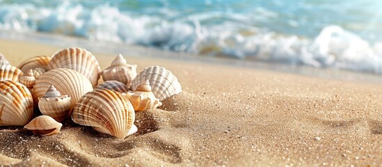 Fototapete - Sand with sea shells on a beach with available copy space image