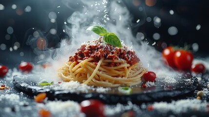 Canvas Print - Exquisite Spaghetti Bolognese garnished with fresh basil and grated cheese. A culinary delight perfect for food blogs and recipe websites. Ideal for illustrating pasta dishes and Italian cuisine. AI