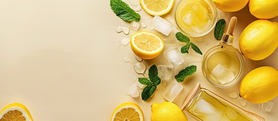 Aufkleber - Lemonade ingredients on citrus lemon background with copy space image showcasing fresh lemons mint leaf ice cube and wooden squeezer