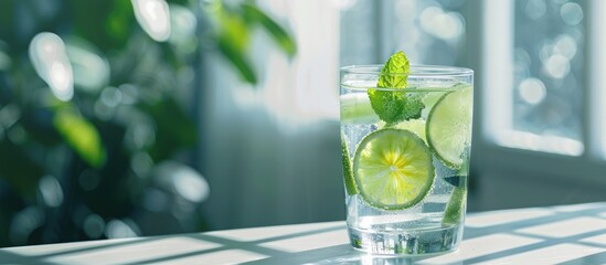 Aufkleber - Enhance hydration by enjoying refreshing water infused with mint and lime Encouraging the concept of drinking more water with a copy space image