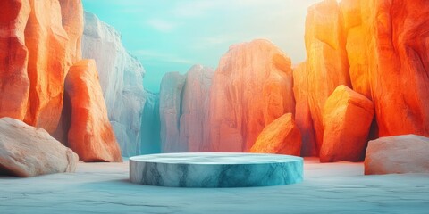 Poster - Marble Platform in a Canyon of Orange and Blue Rocks