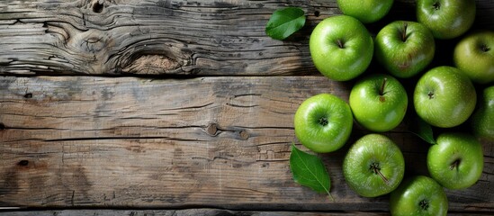 Poster - Fresh green apples displayed on a rustic wooden surface with ample copy space image