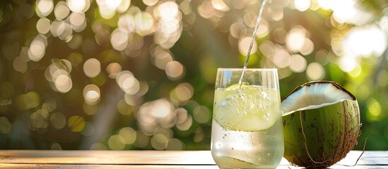 Poster - Fresh coconut water in a glass poured from a coconut fruit placed on a wooden surface with a water bokeh background ideal for a copy space image