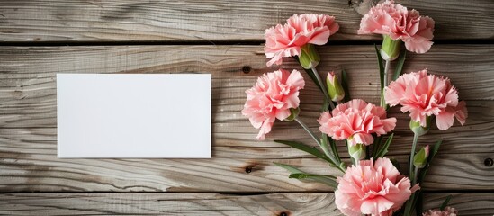 Poster - Wooden background features a blank card with lovely pink carnations perfect for Mother s Day or spring greetings providing a beautiful copy space image