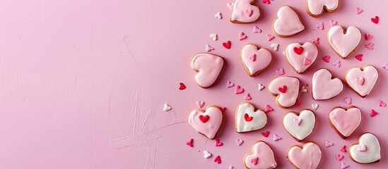 Poster - Valentine s theme with heart shaped cookies on a pink surface displayed as a flat lay with copy space image for text placement