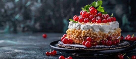 Aufkleber - Front view of a cake dessert adorned with fresh currant berries on a dark background with copy space image
