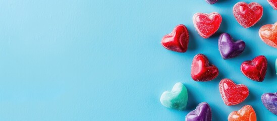 Aufkleber - Heart shaped candies on a vibrant blue backdrop with space for text or graphics top view image available. Creative banner. Copyspace image