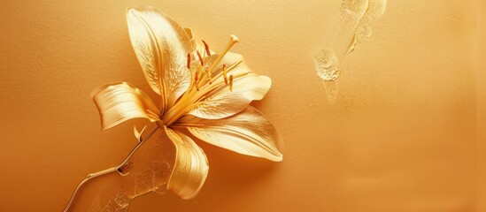 Fototapete - Minimal flat lay featuring a fresh golden lily on an abstract modern golden background presenting a luxurious summer art theme with copy space image