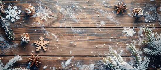 Wall Mural - Winter sale on a wooden table adorned with snowflakes providing a festive and inviting copy space image for text placement
