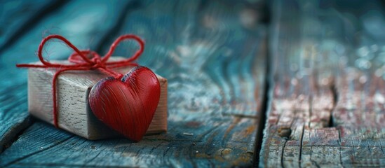 Aufkleber - Vintage toned Valentine s Day themed toy heart and gift box displayed on a rustic wooden table with a nostalgic ambiance perfect for a copy space image