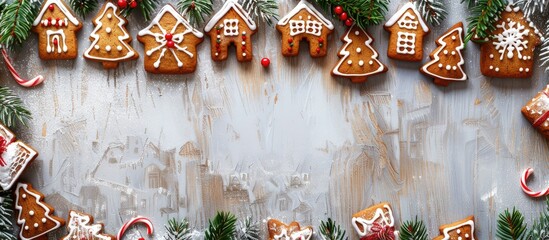 Fototapete - On the table there is a festive display of Christmas gingerbread cookies shaped like houses surrounded by copy space image