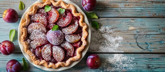 Sticker - Plums in a homemade pie sprinkled with sugar powder on a white and blue wooden table featuring baked and raw plums with copy space image