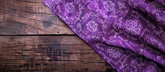 Aufkleber - Top view of a purple patterned tablecloth on a wooden surface background with space for text or images. Creative banner. Copyspace image