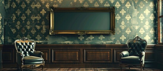 Leinwandbilder - Empty frame on a retro wallpapered wall with a clear area for additional images or text serving as a chic home decor setting