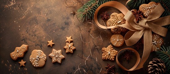 Fototapete - Holiday themed background featuring cookies a Christmas tree and a ribbon with stars on a brown backdrop ideal for a copy space image
