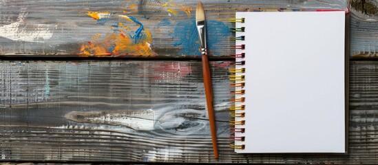 Poster - Image of a notepad and paint brush on a wooden background with wallpaper used for educational or business photos featuring a book product with paper and concept plus ample copy space