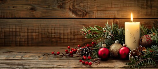 Leinwandbilder - Festive Christmas arrangement featuring a glowing white candle red berries ornaments pine branches and leaves on a wooden backdrop with room for text or images. Creative banner. Copyspace image