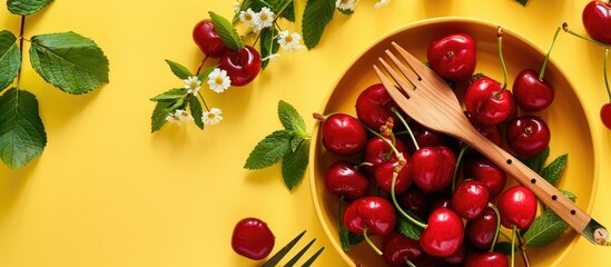 Poster - A high quality copy space image featuring vibrant cherries fresh mint and wooden cutlery on a sunny yellow plate
