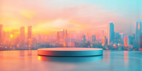 Canvas Print - Circular Platform Overlooking a Cityscape at Sunset