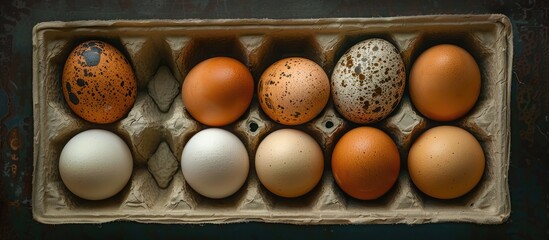 Canvas Print - Eggs from chickens and quails are arranged in a box against a dark backdrop providing a clear copy space image