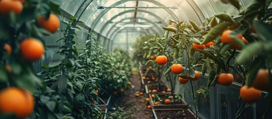 Aufkleber - Greenhouse with ripe tangerine tree fruits providing a copy space image