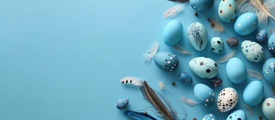 Aufkleber - Easter themed border of stunning blue ombre Easter eggs with quail eggs and feathers on a blue backdrop designed with copy space for text