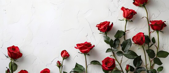 Poster - Red roses displayed with a white backdrop providing empty room for text or design in the image. Creative banner. Copyspace image