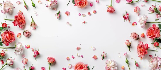 Poster - Top view of a frame created with rose flowers against a white backdrop ideal for flat lay design with available copy space image