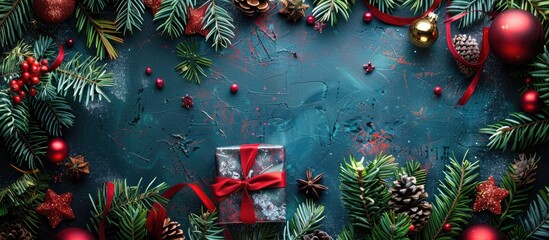 Poster - A festive image with various Christmas elements perfectly arranged for a charming display featuring a present at the center with surrounding seasonal decorations ideal for holiday designs with copy s