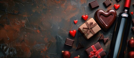 Leinwandbilder - Heart shaped red wine bottle on a Valentine s Day themed background featuring chocolates and gifts viewed from the top with space for text or images. Creative banner. Copyspace image
