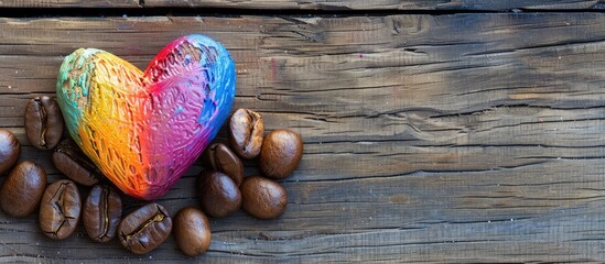 Poster - Heart shape with vibrant colors on a coffee bean against a wooden background with copy space image included