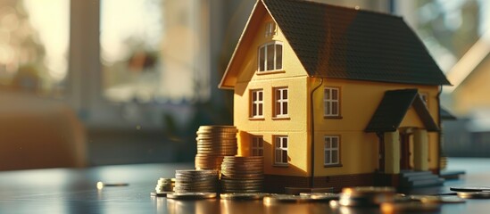 Poster - Stack of coins under a model house set on a table with ample copy space image represents real estate mortgage and home ownership themes