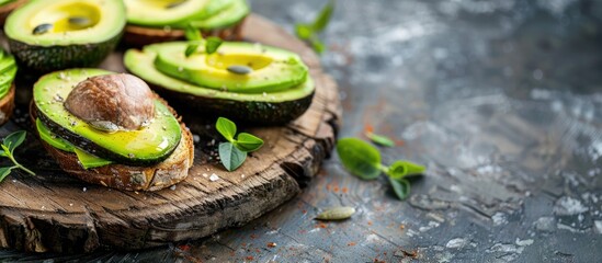 Wall Mural - Side view of a rustic wooden board displaying homemade avocado toast with room for text in the copy space image